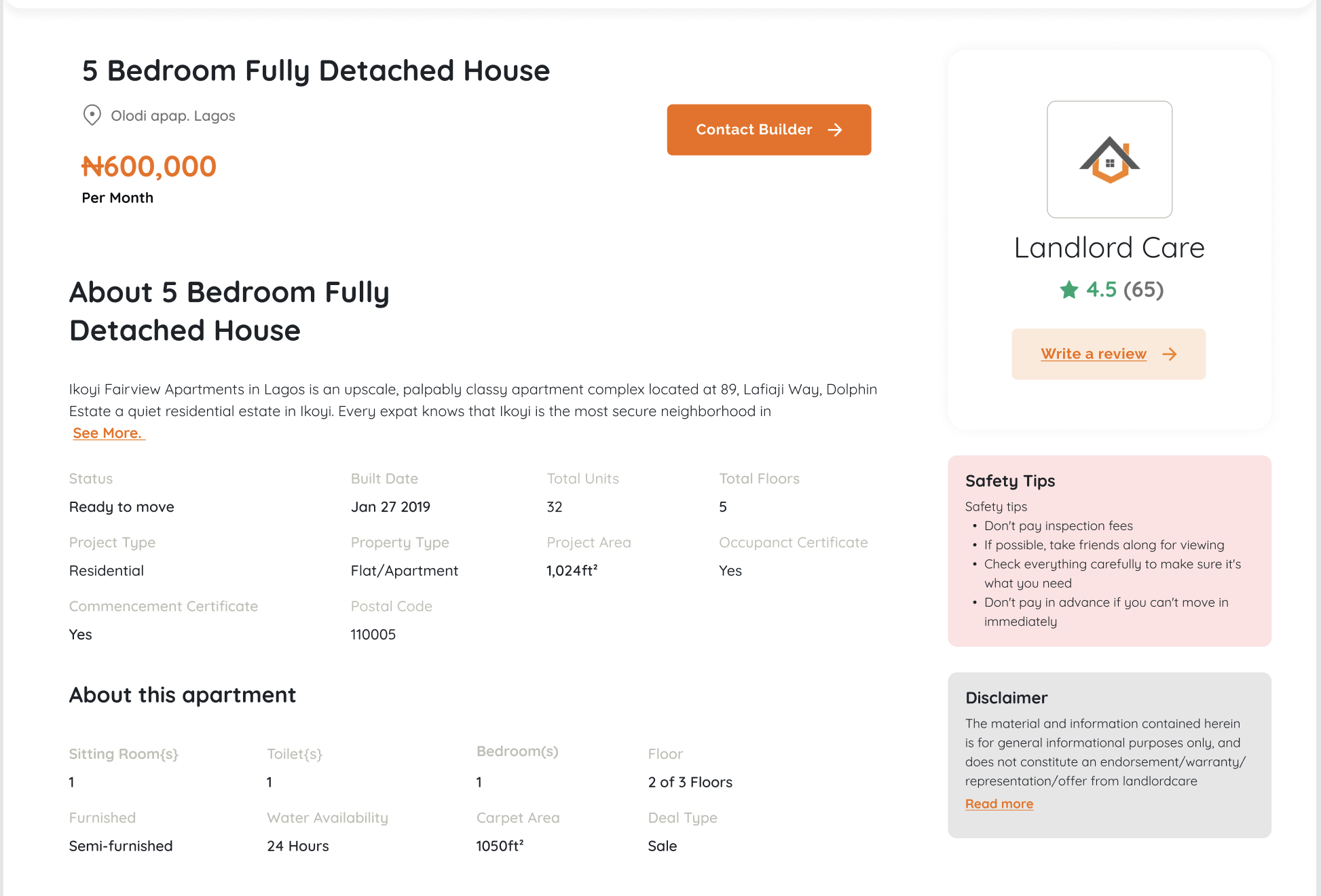 Property detail page: full specs and builder contact