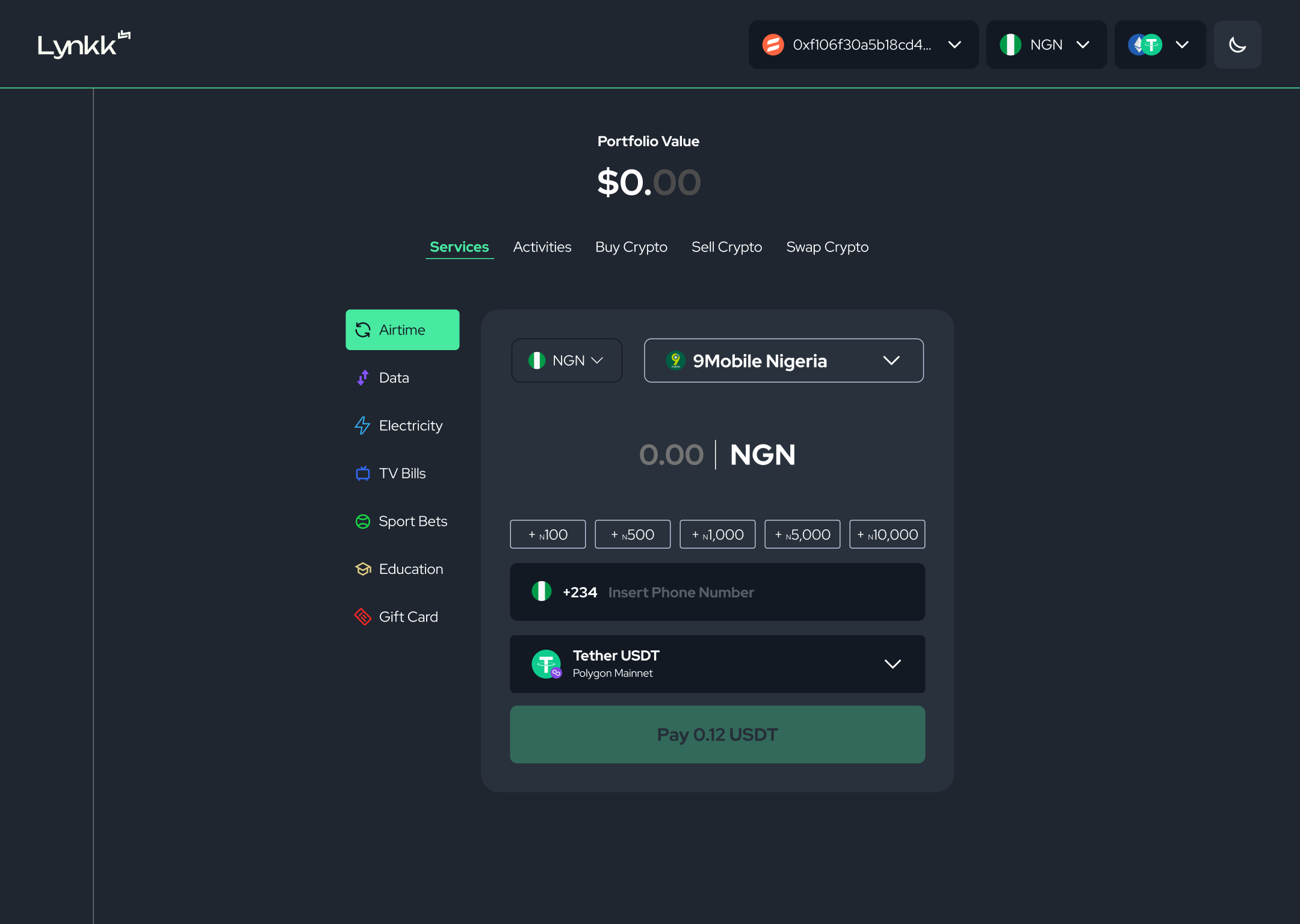 Airtime purchase with crypto