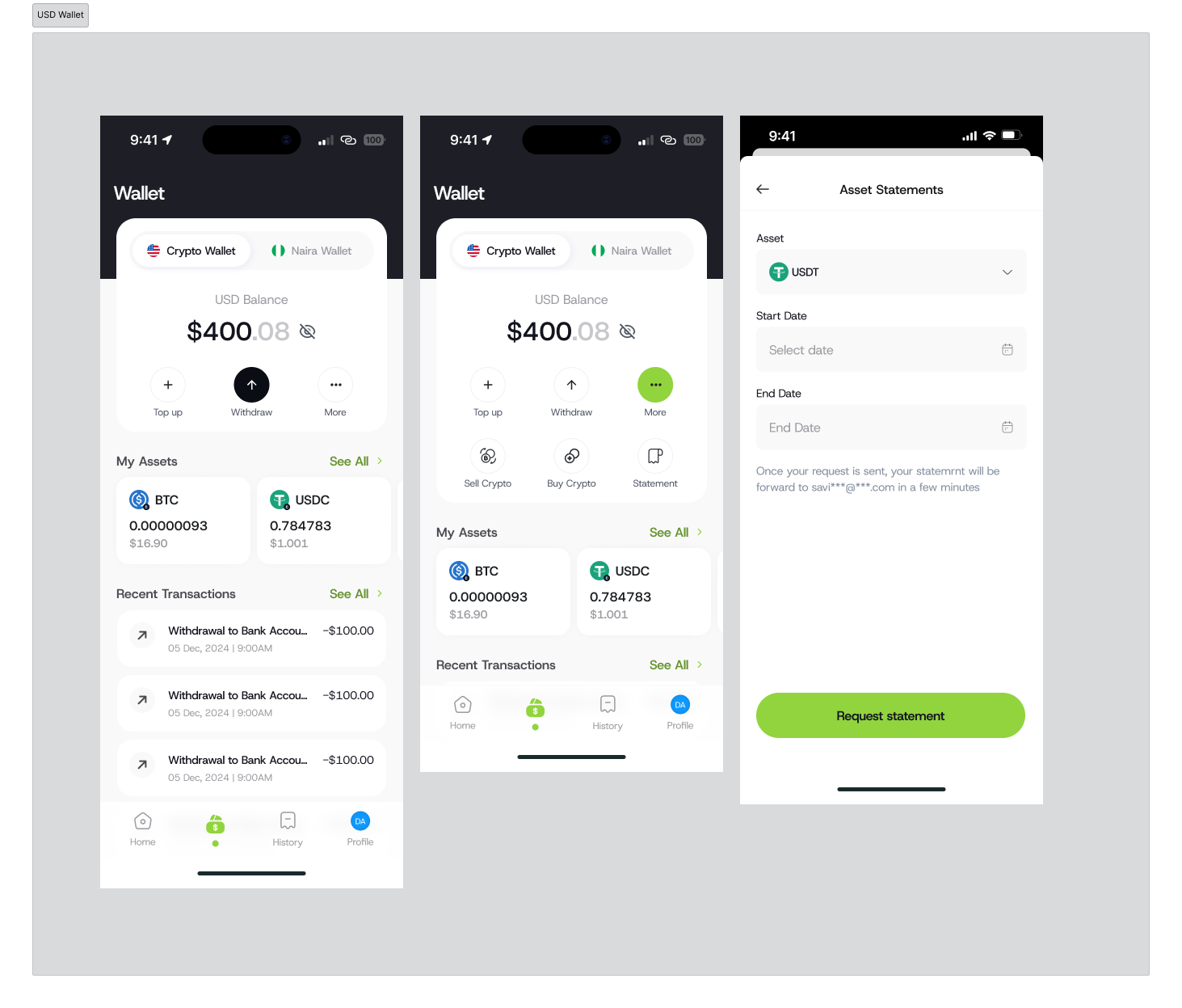Crypto wallet: USD balance, assets, and recent transactions
