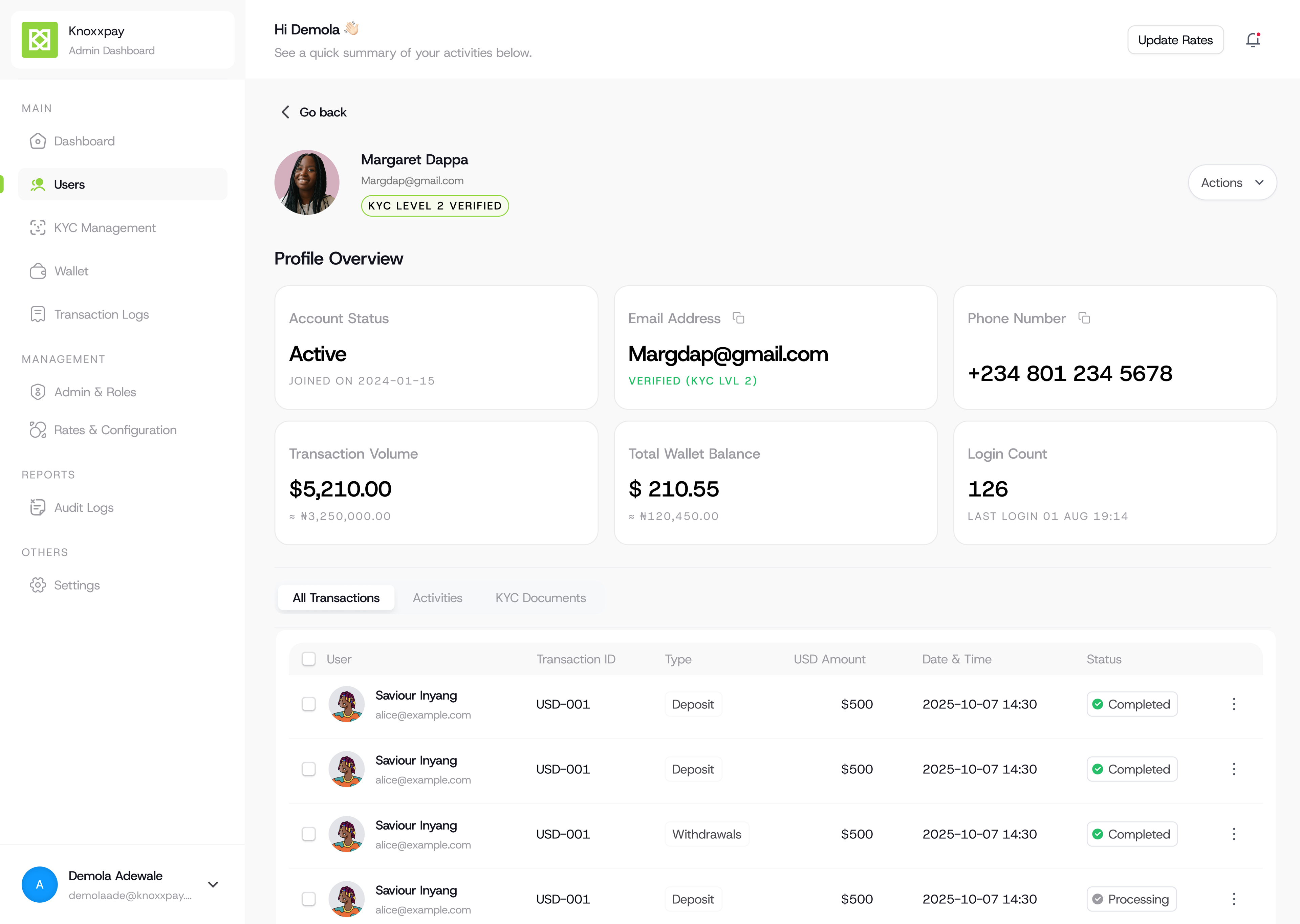 Single user profile: verification, wallet balance, and activity